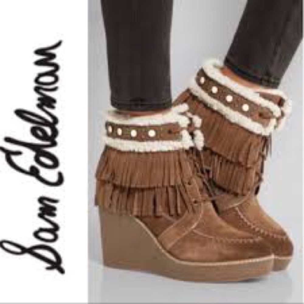Sam Edelman brown fringe suede leather shearling booties 4” platform wedge boots